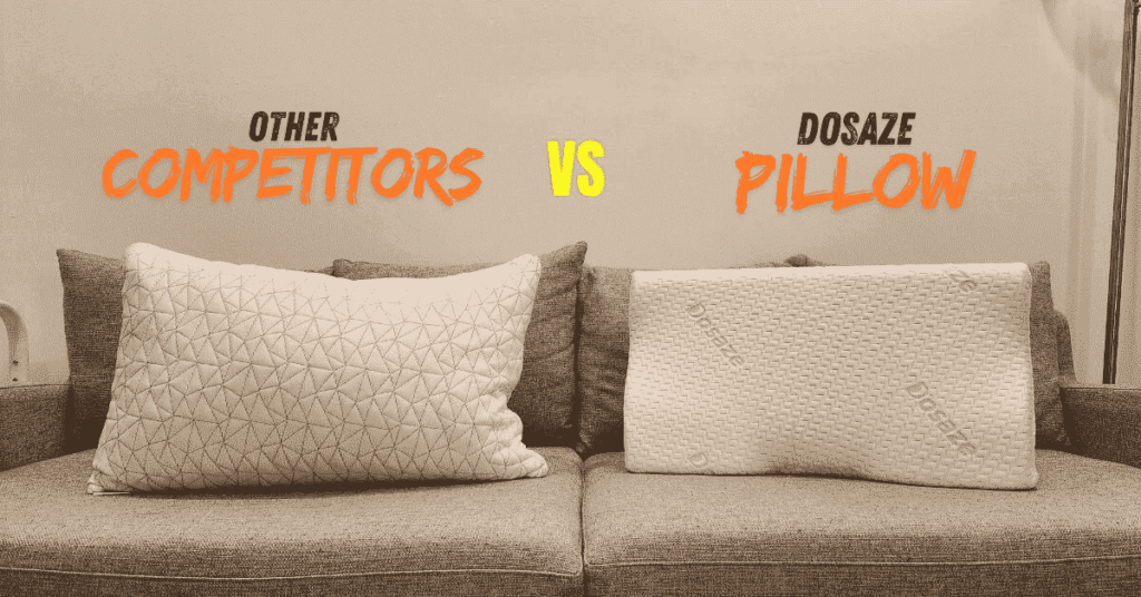 A Dosaze Pillow and a competitor's pillow placed side by side on a couch.